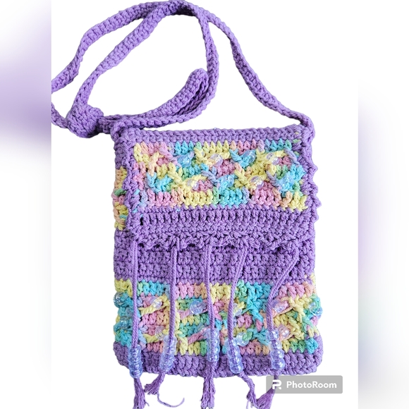 Handbags - Hand and Heart Crocheted crossbody beaded bag, purple.